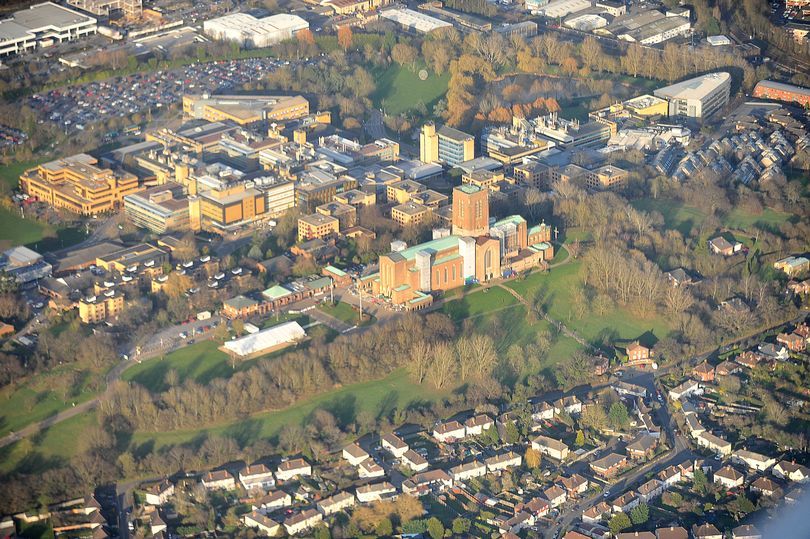 <p>Guildford Cathedral and Stag Hill from the air</p>