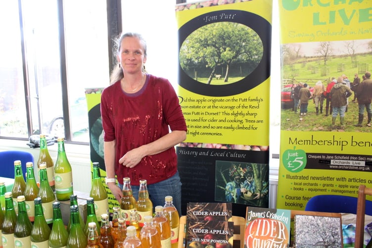 With lots of information about apples and selling the Little Emlett pressed apple juice was Kate Povey with a combined Orchards Live and Little Emlett stall from near Morchard Bishop. SR 9521