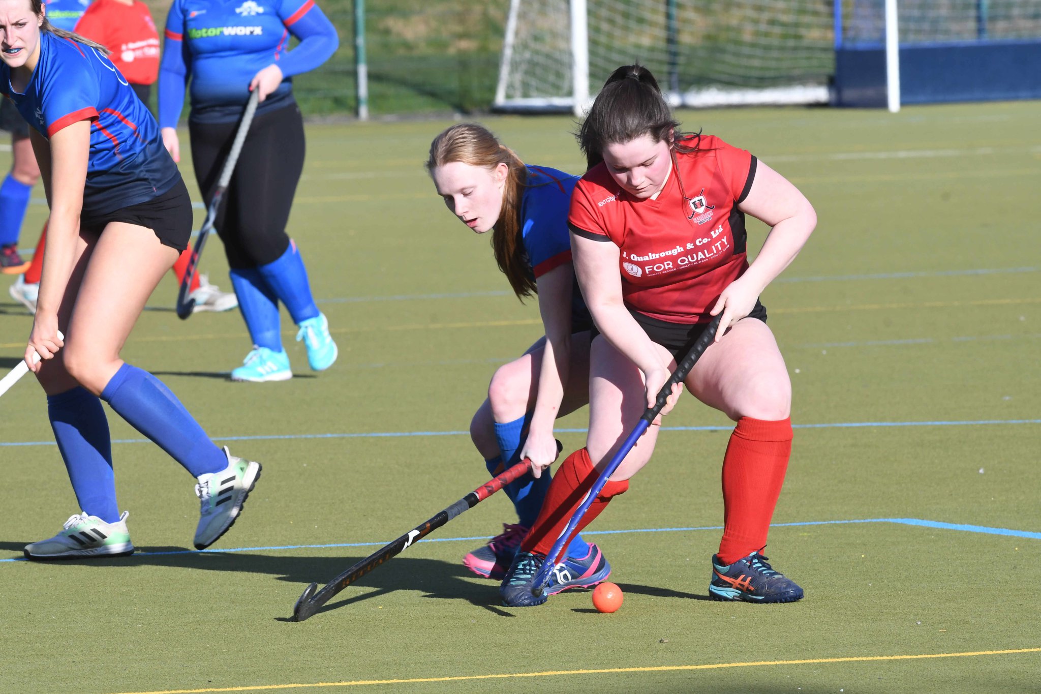 Castletown C’s Eden Cannell on the ball tries to hold off Valkyrs B’s Molly Thomas while the latter’s team-mate Olivia Quayle watches on during last weekend’s match at QEII School in Pee (lDK240224 (033))