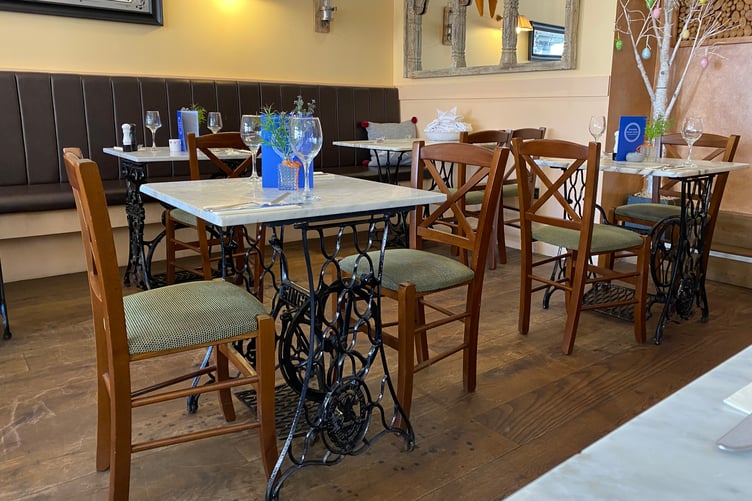 Repurposed Singer sewing tables at Downing Street Greek