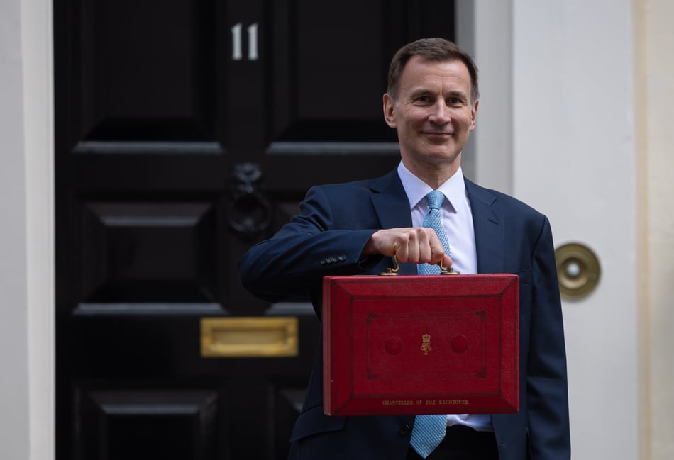 <p>The Chancellor of the Exchequer Jeremy Hunt poses outside 11 Downing Street with the Red Box, alongside the other Treasury ministers, before he delivers the Budget to parliament</p>