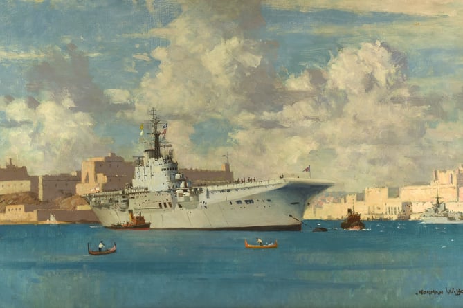 Norman Wilkinson's oil on canvas featuring a view of HMS Bulwark in Valetta Harbour, Malta, is expected to sell for £1,500 to £2,500 at Ewbank's
