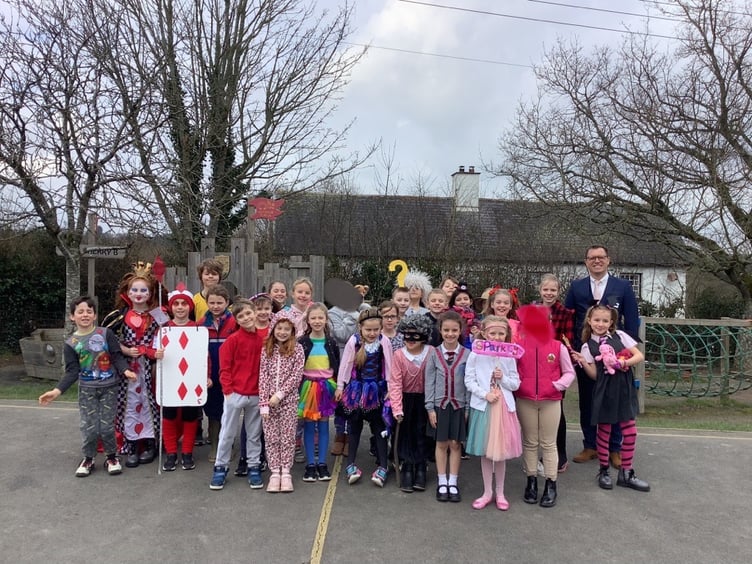 Children at Cheriton Bishop Primary School dressed up as a word for World Book Day.