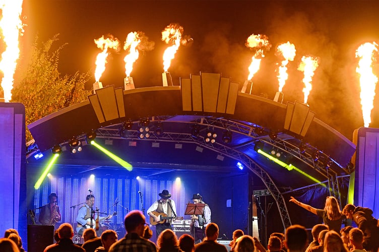 The fire-breathing stage at the 2023 Godalming Beer Festival, The Burys, Godalming.