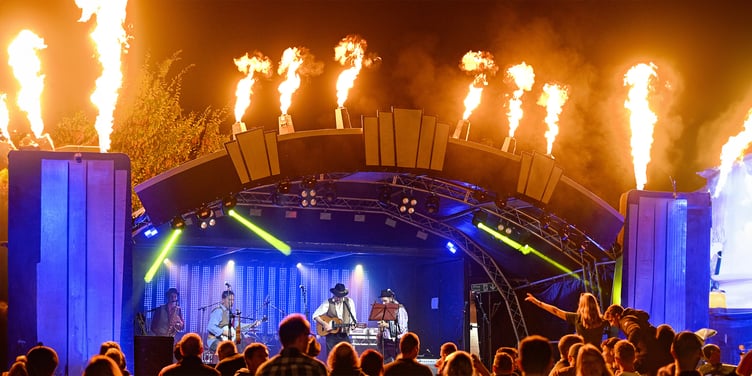The fire-breathing stage at the 2023 Godalming Beer Festival, The Burys, Godalming.