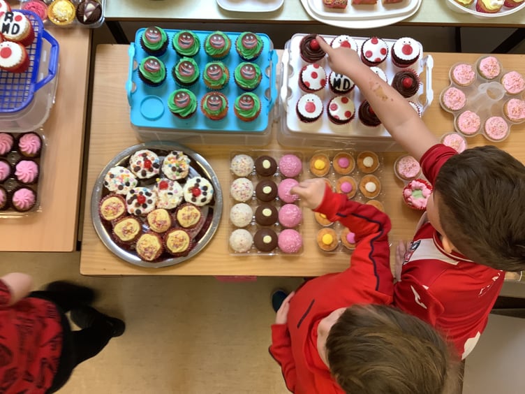Having fun and wearing red for Red Nose Day at Yeoford Primary School.