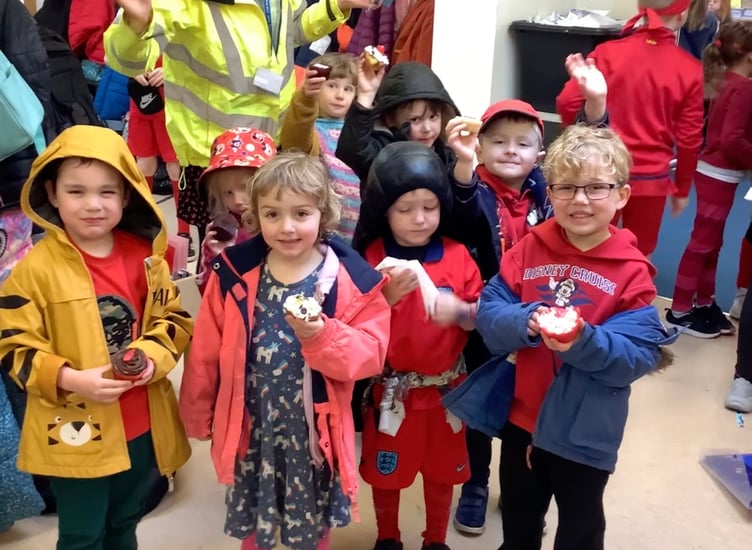 Having fun and wearing red for Red Nose Day at Yeoford Primary School.