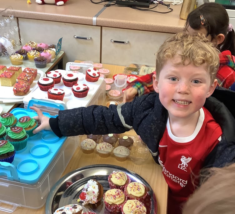 Having fun and wearing red for Red Nose Day at Yeoford Primary School.
