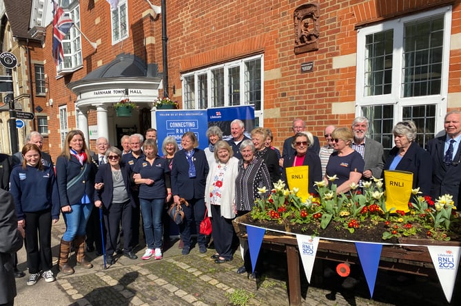 RNLI group photo in front of Farnham Town Hall