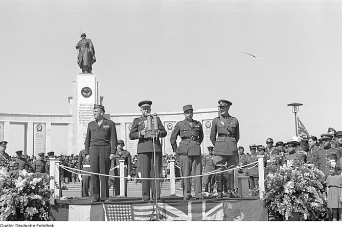 Major General Eric P Nares, right, representing the UK at the Allied Victory Parade in Berlin on May 8, 1946. Left to right: Maj Gen Frank A Keating (USA), Aleksandr Kotikov (Russia), Brig Gen Charles Lançon (France) and Major General Eric P Nares (UK)