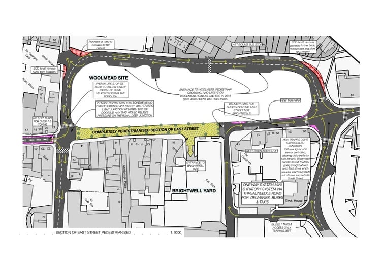This drawing illustrates the proposal by George and Yolande Hesse to pedestrianise the western end of East Street, between the Royal Deer traffic lights and Threadneedle Road