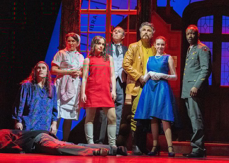 The Cluedo 2 cast. From left: Edward Howells, Dawn Buckland, Ellie Leach, Jack Bennett, Jason Durr, Hannah Boyce and Gabriel Paul.