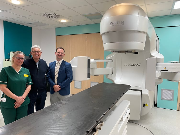 Royal Surrey radiographer Kate Maltby, Michael Robson, prostate cancer patient and Dr Philip Turner, Consultant Clinical Oncologist