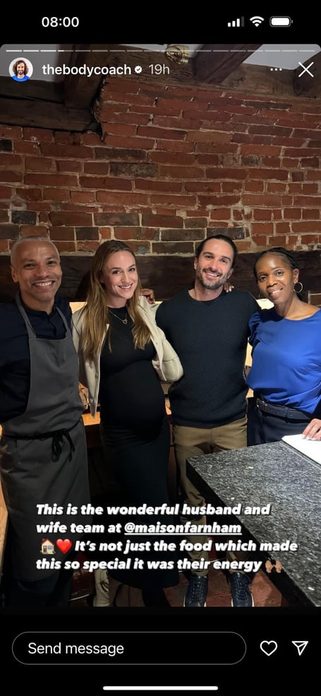 Joe Wicks enjoys food at Wrecclesham restaurant Maison