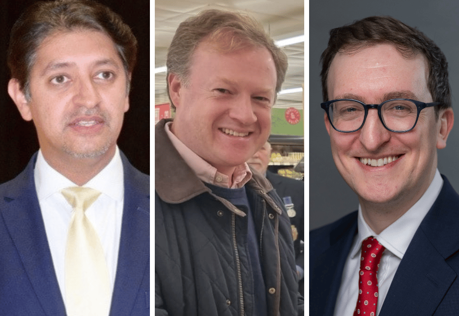 <p>The Farnham and Bordon candidates to declare so far, left to right: Khalil Yousuf (Lib Dem), Greg Stafford (Conservative), Alex Just (Labour)</p>