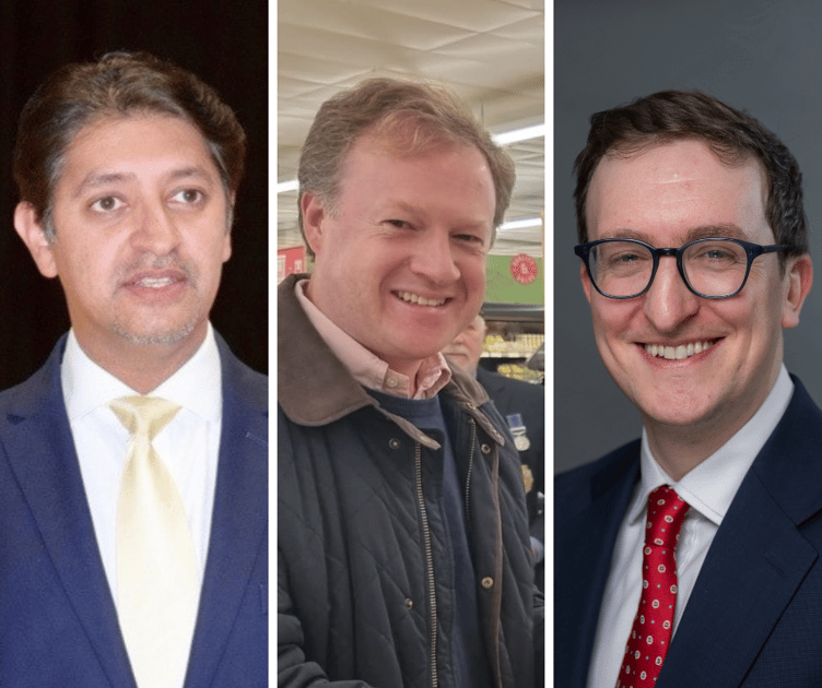 The Farnham and Bordon candidates to declare so far, left to right: Khalil Yousuf (Lib Dem), Greg Stafford (Conservative), Alex Just (Labour)