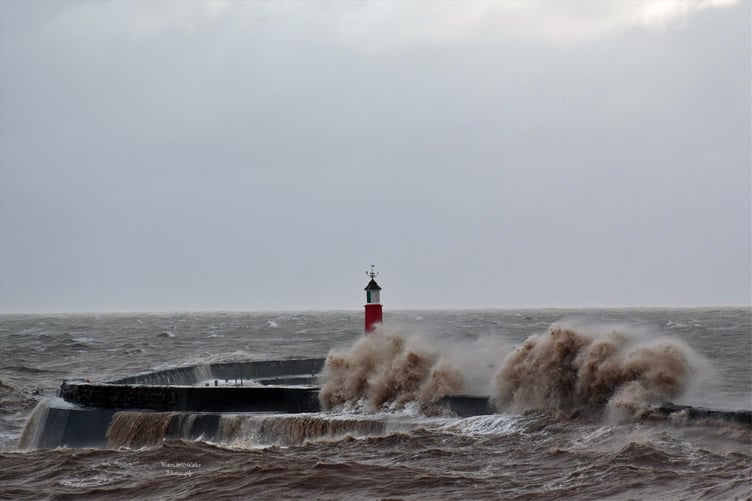The harbour wall in Watchet was overtopped by stormy seas.