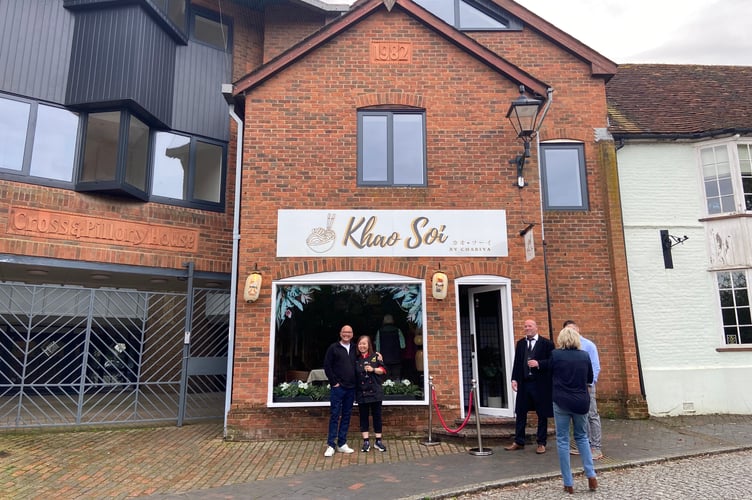 MasterChef judge Gregg Wallace hugs 2023 winner Chariya outside her new Khao Soi restaurant in Cross and Pillory Lane, Alton
