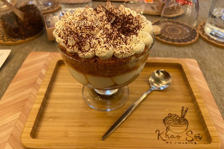 A Thai tea tiramisu, one of two desserts offered at Khao Soi's opening night