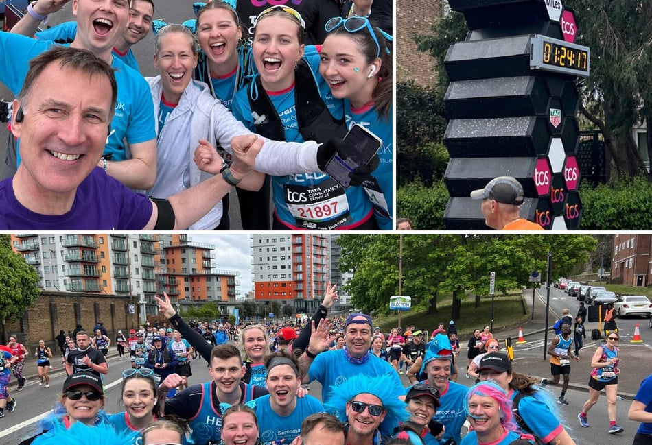 <p>Chancellor and South West Surrey MP Jeremy Hunt with his Sarcoma UK teammates in the 2024 London Marathon</p>