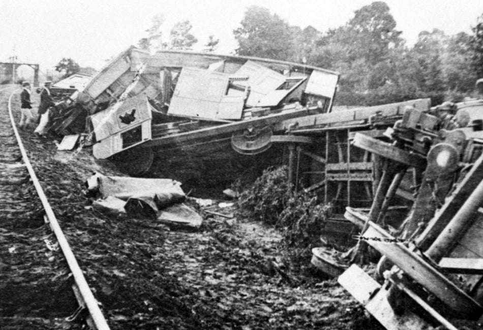 <p>Wreckage of a train smash in 1873 between Guildford and Godalming. Three people died after a bullock strayed onto the tracks at the Peasmarsh/Artington junction.</p>