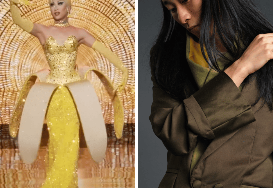 <p>Leo Tsao, pictured left as Nymphia Wind, and right for his final collection shoot at UCA in 2017</p>