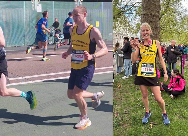 Liam Gallantry at the Brighton Marathon and Lucy Oldham after completing the London Marathon.