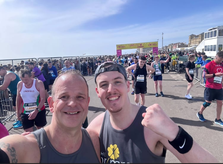 Father and son Clive (left) and Samuel Shute were all smiles after finishing the Brighton Marathon.