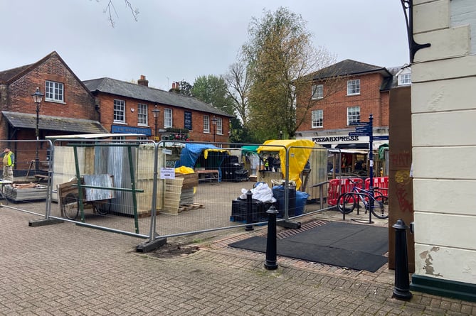 A post-apocalyptic market scene is being constructed in Alton's Market Square 