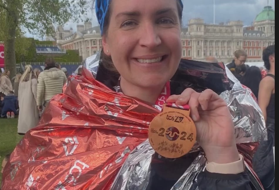 <p>Claire Peilow after finishing the 2024 London Marathon (Claire Peilow)</p>