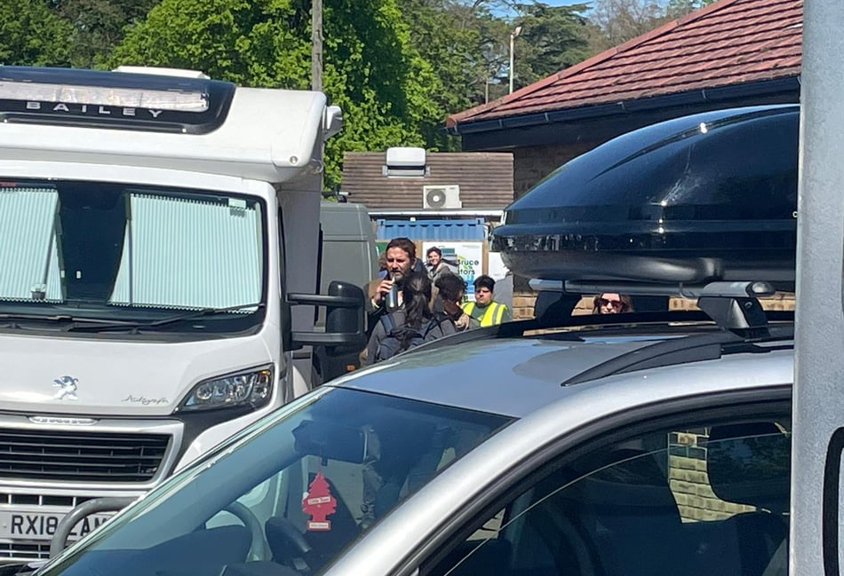 <p>Our roving reporter got this shot of Gerard Butler at the film crew's base in Anstey Park, Alton, this morning.</p>