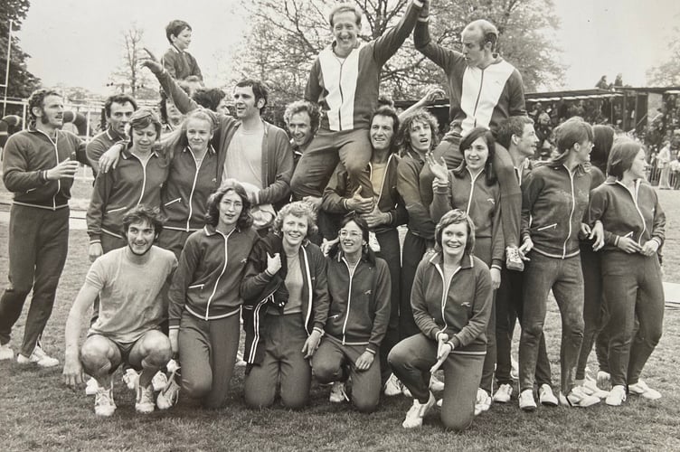 Farnham's triumphant It's a Knockout team celebrate their victory in Farnham Park in 1974