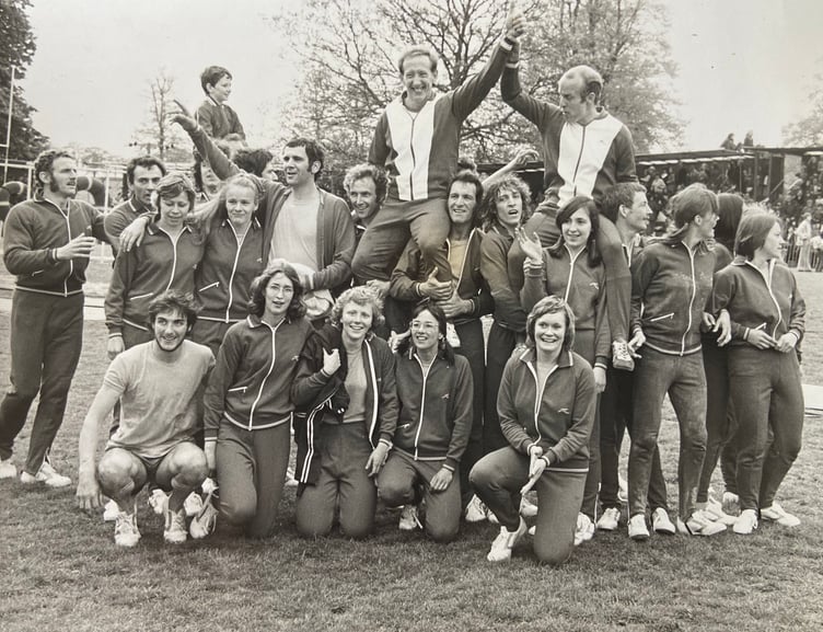 Farnham's triumphant It's a Knockout team celebrate their victory in Farnham Park in 1974