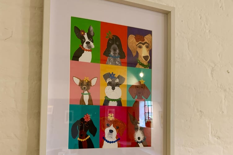 Various pet pooch portraits that Alison has painted (Farnham Maltings)