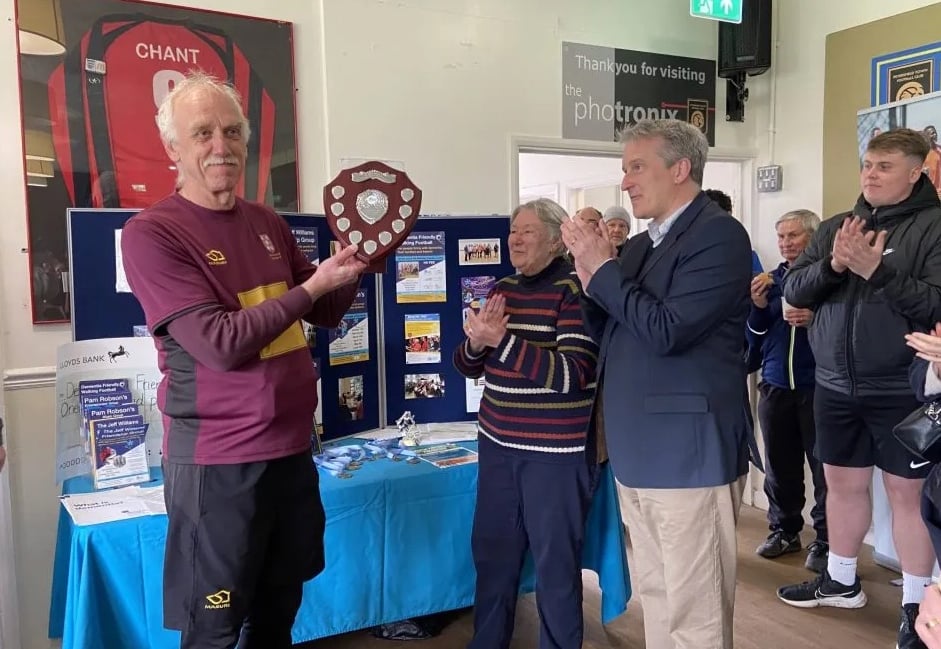 <p>Damian Hinds MP presented the Jeff Williams trophy following the inaugural Dementia Walking Football Tournament at Petersfield Town FC.</p>