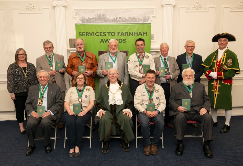 <p>Farnham Mayor with the recipients of this year's Services to Farnham Awards (Farnham Town Council)</p>