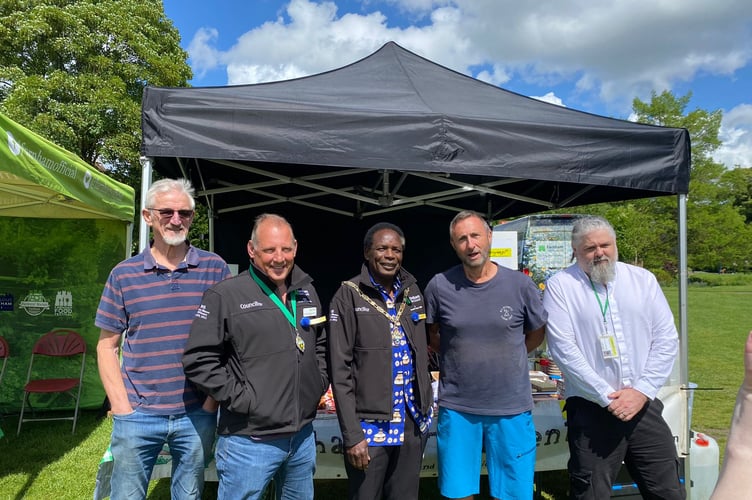 Farnham's mayor and deputy mayor with organisers at Music in the Meadow