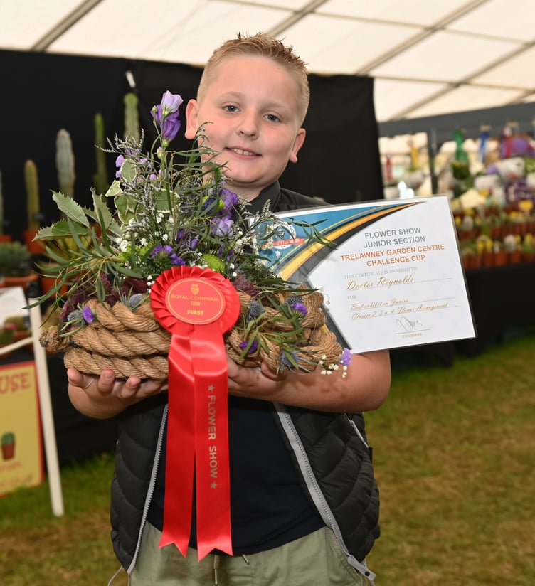 Dexter Reynolds of Delabole with his prize winning display which earned him The Trelawney Garden Centre Challenge Cup