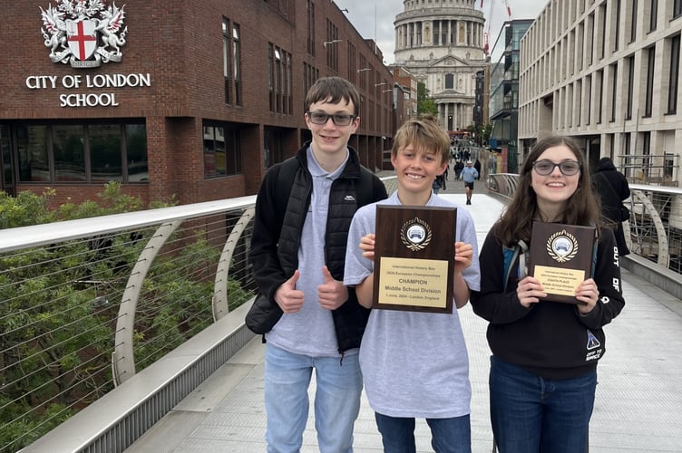 Farnham Heath End School's three International History Bee Middle School finalists, Gethyn, Hayden and Amelie, City of London School, June 1st 2024.