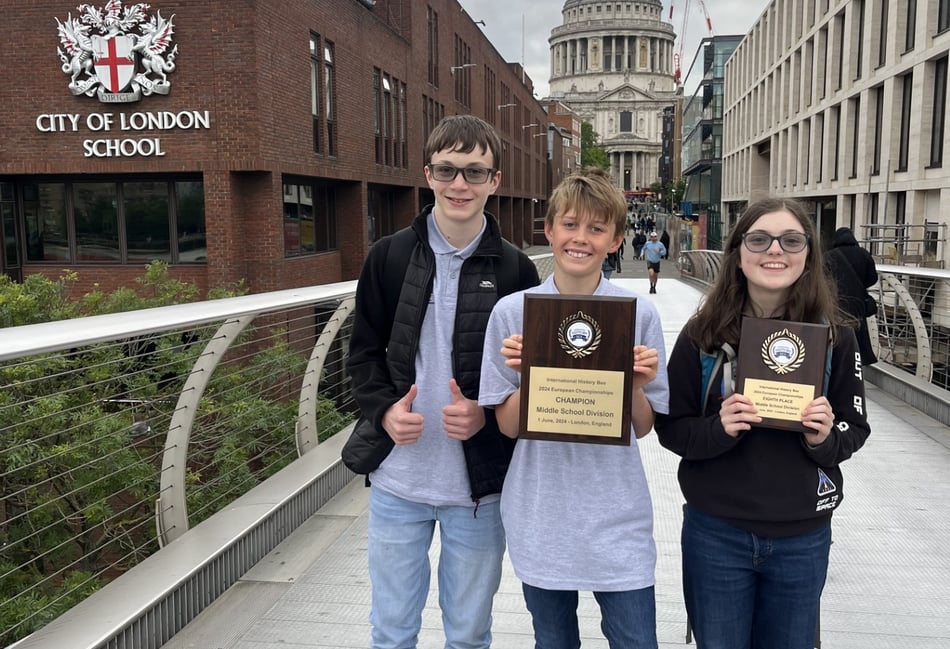 <p>Farnham Heath End School's three Middle School History Bee competitors, Gethyn, Hayden and Amelie</p>