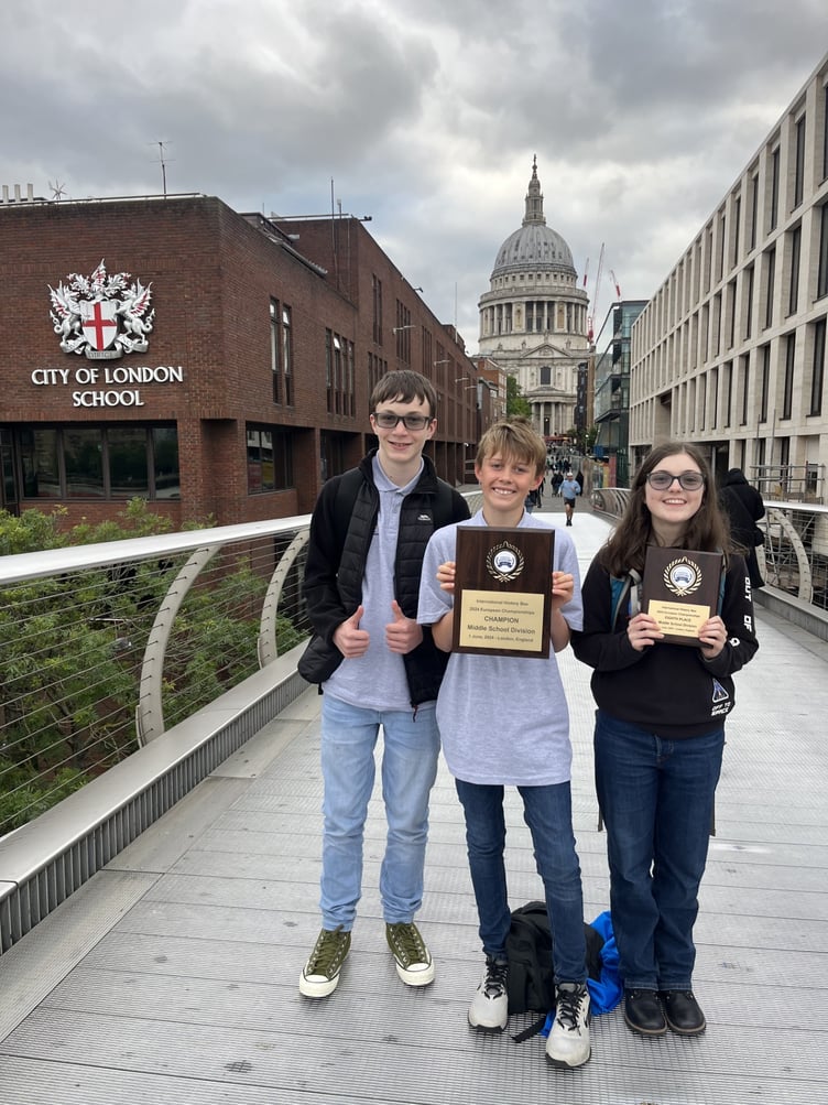 Farnham Heath End School's three International History Bee Middle School finalists, Gethyn, Hayden and Amelie, City of London School, June 1st 2024.