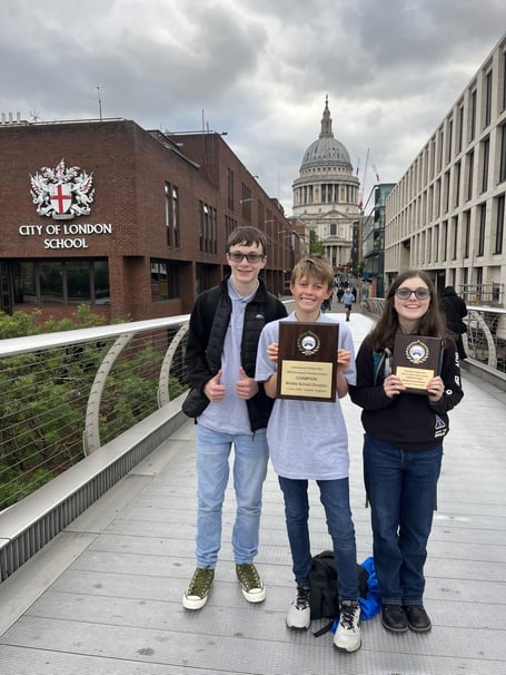 Farnham Heath End School's three International History Bee Middle School finalists, Gethyn, Hayden and Amelie, City of London School, June 1st 2024.