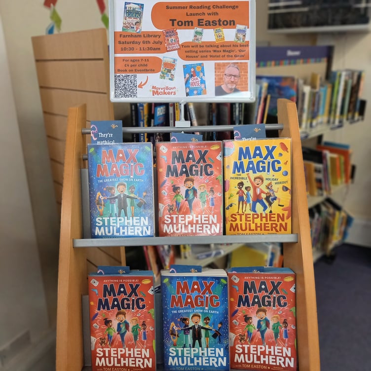 Tom Easton display, Farnham Library, June 2024.