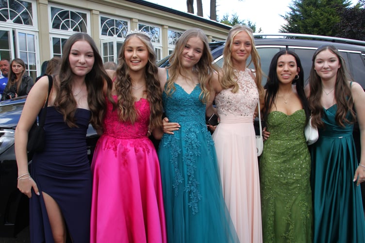 Lining up for west Somerset College prom night are Megan Burge, Sophie Bisgood, Katie Purge, Kayleigh Spiers, Leah Ross, and Jess Burger. PHOTO: George Ody.