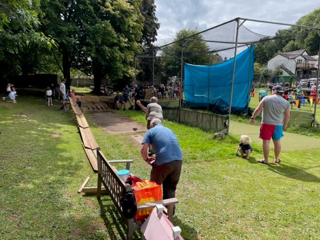 A make-shift skittle alley provided some of the fun at Roadwater Fete.