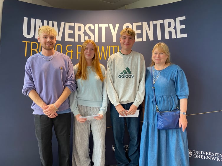 Twins Bea and Barnaby Knight collect their A Level results from Truro & Penwith College with elder bro Japser and mum Nichola