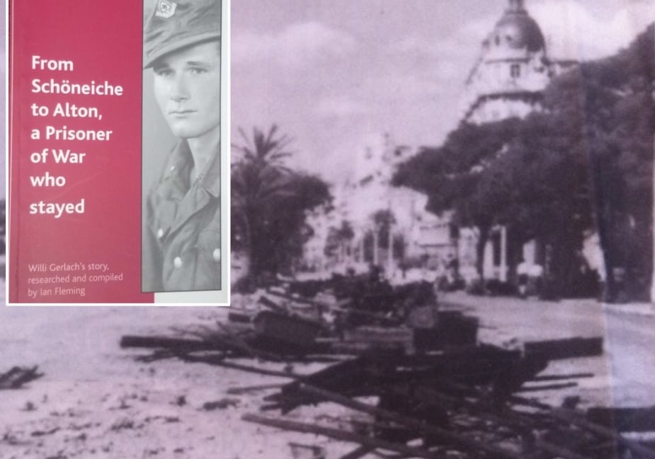 <p>The barricaded beaches of Nice, August 1944, where Willi Gerlach (inset) and his unit spent a year reinforcing the defences before being reassigned to Normandy</p>