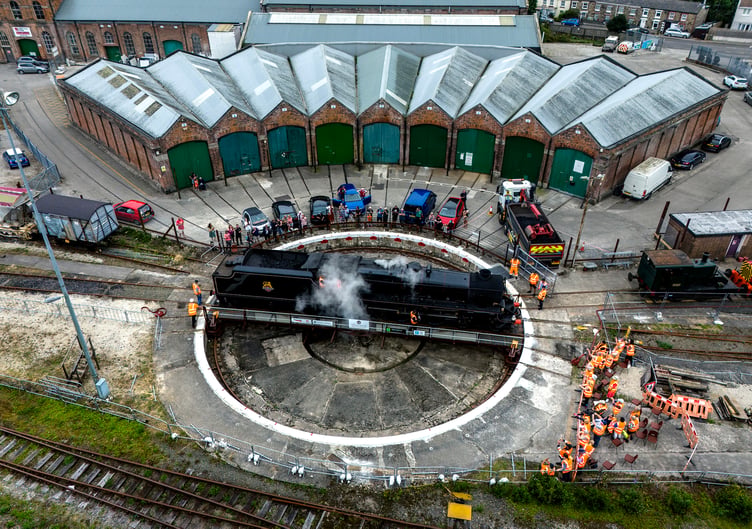 An aerial view of the locomotive on the turntable. Picture: Paul Williams