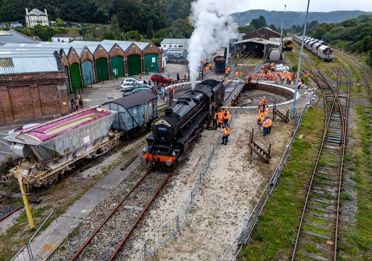Job done! The locomotive leaves the turntable. Picture: Paul Williams