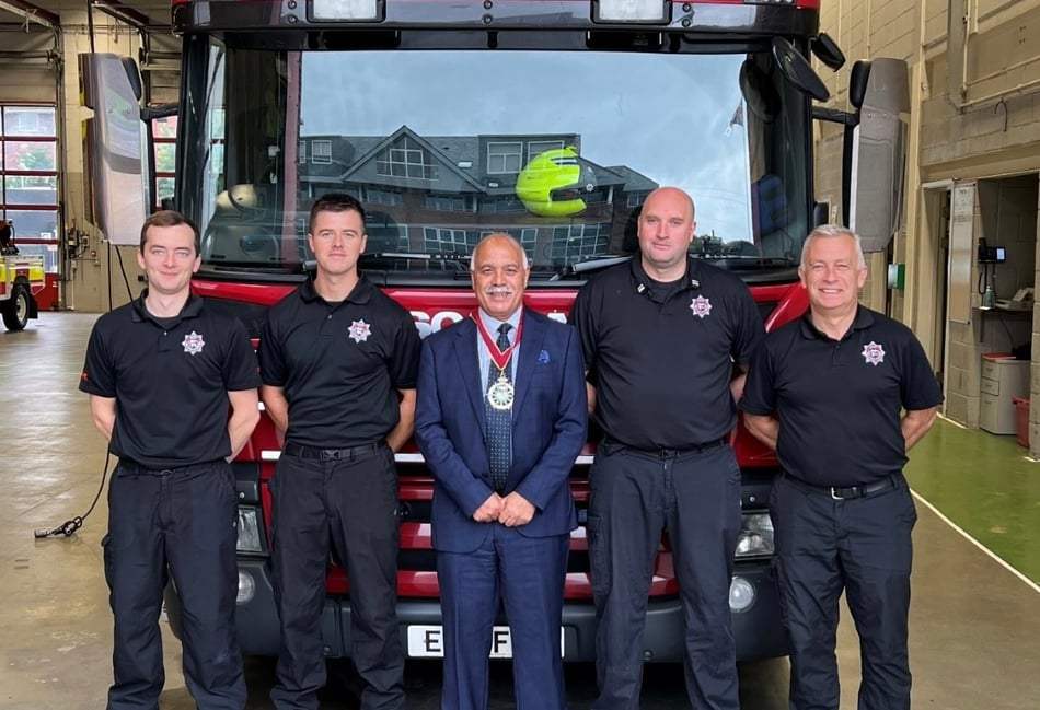 <p>Firefighter Howard, Firefighter Cavanagh, High Sheriff of Surrey Shahid Azeem, Crew Commander Calverley and Firefighter Remnant (Surrey County Council)</p>